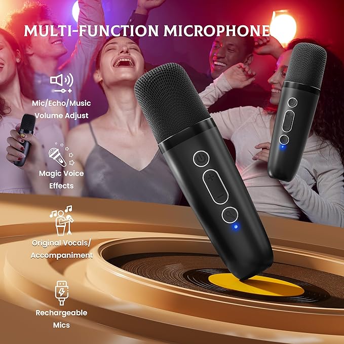 IROO Mini Karaoke Machine for Kids, 2025 TOP Toys Birthday Gifts Ideas for Girls Ages 4, 5, 6, 7, 8, 9, 10, 12+ Years Old, Portable MP3 Player with 2 Wireless Mics for Party(Black)