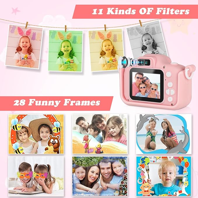 Kids Camera,HD Digital Video Camera with Protective Cover,Childrens Toys for 3 4 5 6 7 8 9 Year Old Boys/Girls,Selfie Camera for Kids,Christmas Birthday Gifts with 32GB SD Card (Unicorn Pink)
