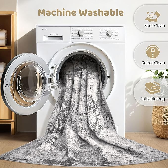 7x10 Area Rug Living Room: Washable Large Abstract Modern Soft Stain Resistant Indoor Floor Rugs Non Slip Accent Carpet for Bedroom Nursery Playroom Office Dining Room Dorm Home House- Black Grey