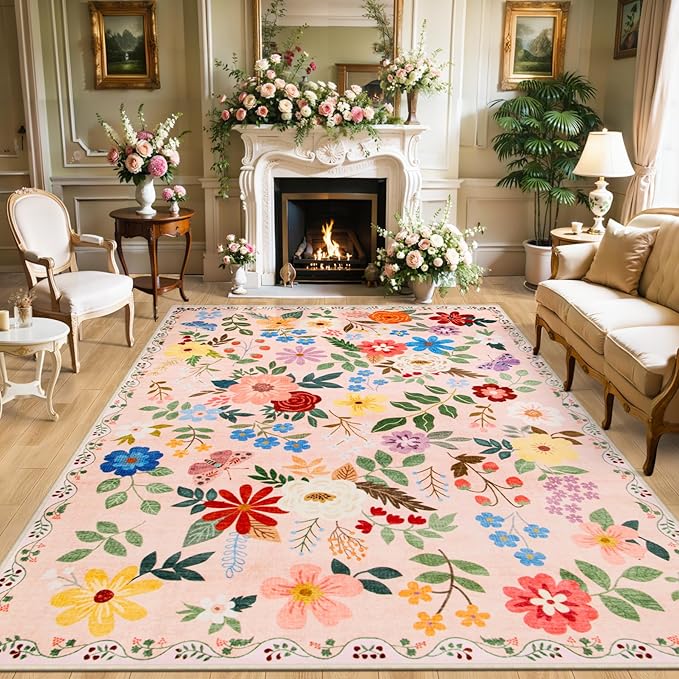 8x10 Area Rugs for Living Room: Floral Washable Rug Vintage Large Soft Boho Non-Slip Carpet Indoor Floor Stain Resistant Carpets for Bedroom Dining Room Farmhouse Nursery Home Office Beige
