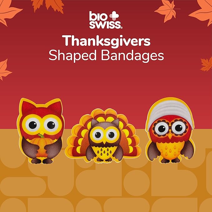 BioSwiss Bandages, Thanksgiving Shaped Self Adhesive Bandage, Latex Free Sterile Wound Care, Fun First Aid Kit Supplies for Kids and Adults, 24 Count