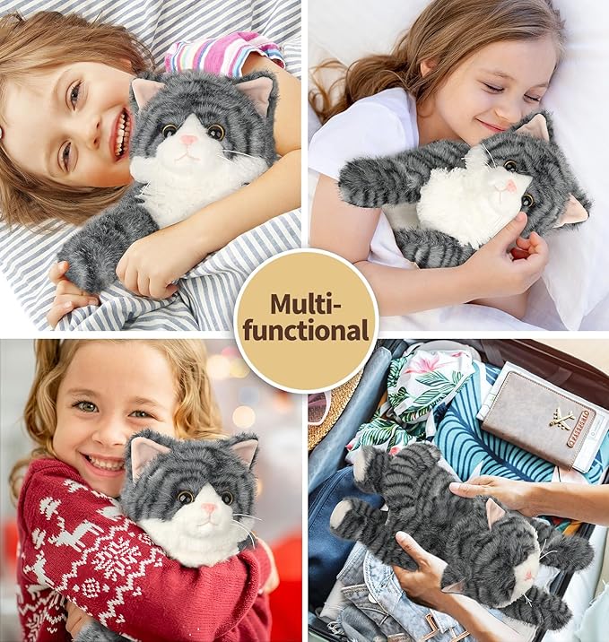 Gray Tabby Cat Stuffed Animals, Microwavable Stuffed Animal Adorable Fluffy Cat Plush for Warmth & Comfort, Heatable & Coolable Lavender Scent Cat Toys, Cute Soft Plushies Cat Gifts for Kids & Adults