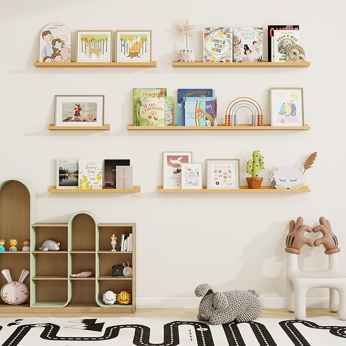 Picture Ledge Shelf, Solid Pine Wood Floating Shelves Set of 2, 48 Inches Nursery Book Shelves for Toys Storage, Kids Bookshelf Wall Mounted for Living Room Bedroom Decor Books Photo Frames, Natural