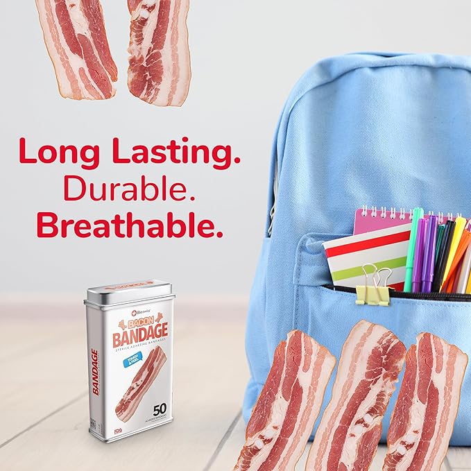 BioSwiss Bandages, Bacon Shaped Self Adhesive Bandage, Latex Free Sterile Wound Care, Fun First Aid Kit Supplies for Kids, 50 Count
