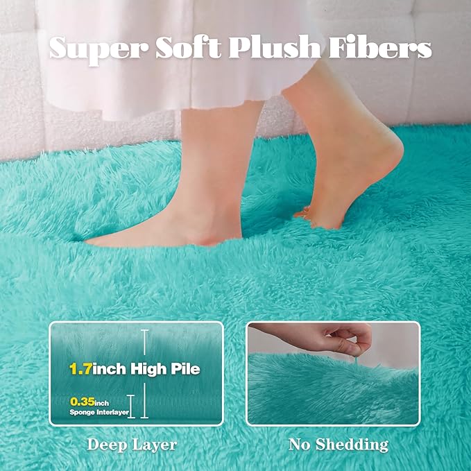 5x8 Area Rug for Living Room: Fluffy Shag Soft Washable Rugs Fuzzy Plush Indoor Carpet for Bedroom Nursery Playroom Dorm Kids Girls Boys Room (Teal Blue, 5'x8')