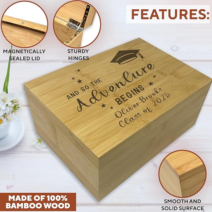 Graduation Keepsake Box 2025 - Personalized Graduation Gifts for Him Her, Custom Engraved High School Keepsake Organizer Boys Girls, School Years Memory Box, Card Cap and Gown Storage Congrats Grad