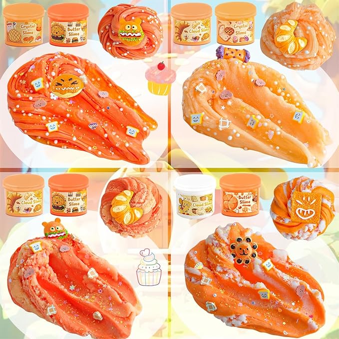 6 Packs Gradient Orange Slime Kit - Cloud Slime, Butter Slime & Clear Slime, Crunchy Slime for Kids with Various Slime Add-ins, Non Stick Slime Party Favors for Girls and Boys, 360ml Kids Slime(Bread)