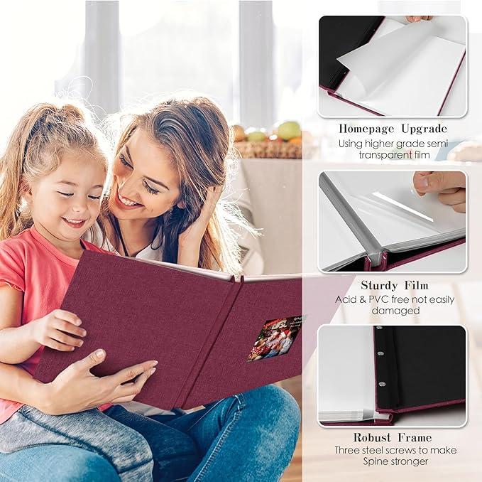 Spbapr Large Photo Album Self Adhesive 4x6 5x7 8x10 10x12 Pictures Magnetic Scrapbook 40 Blank Pages Linen Cover DIY Album with A Metal Pen