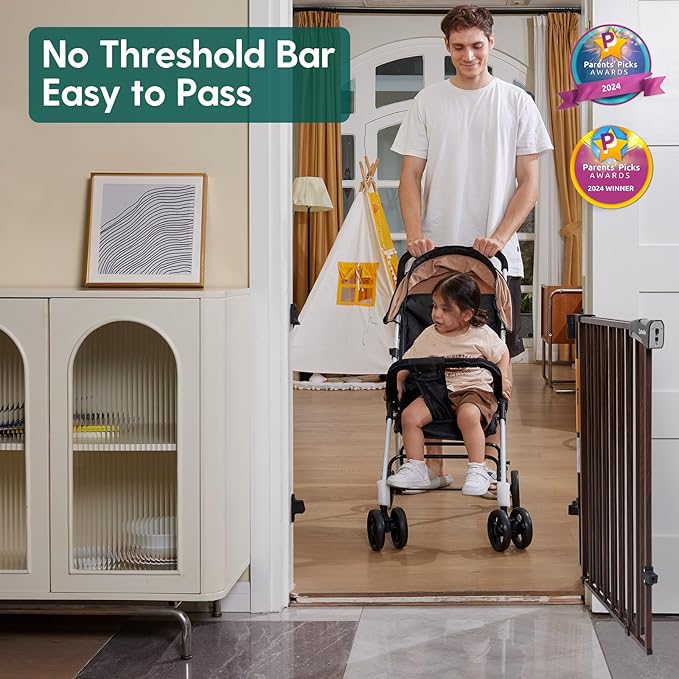 Babelio 26-43" No Bottom Bar Baby Gate for Babies, Elders and Pets, 2-in-1 Hardware Mount Dog Gate for The House, Stairs and Doorways, with Large Walk Thru Door, Black Wood Pattern