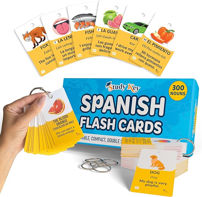 300 Vocabulary Flashcards | Double Sided English-Spanish Bilingual Flashcards for Adults & Kids Ages 12+ | Portable Noun Flash Cards to Learn Spanish for Adult Beginners