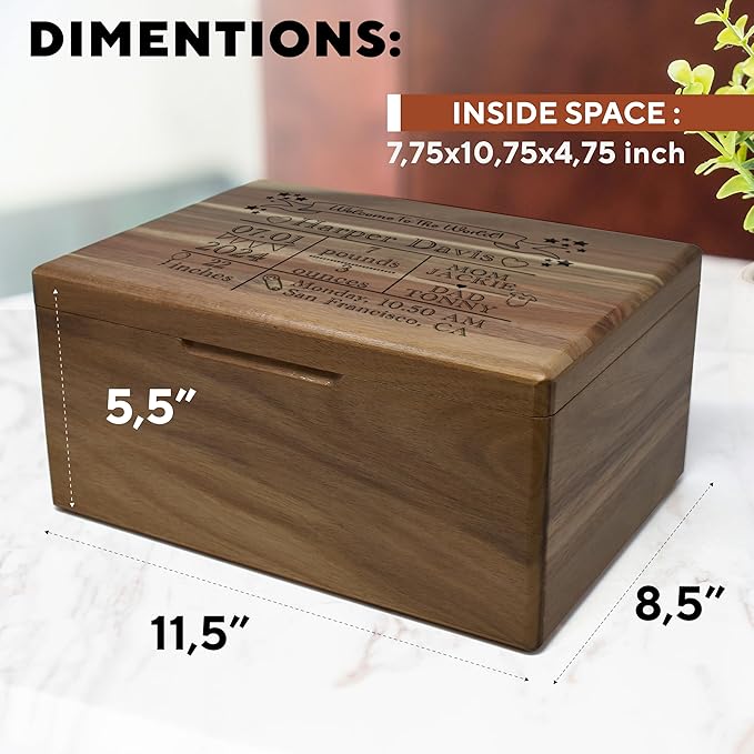 Baby Welcome Box - Personalized Gift for Baby Shower, Newborn Memory Box with Engraved Birth Statistics, Newborn Acacia Wood Large Chest, New Parents Gift Babies Keepsake, Boy & Girl, 11,5x8,5x5,5 in