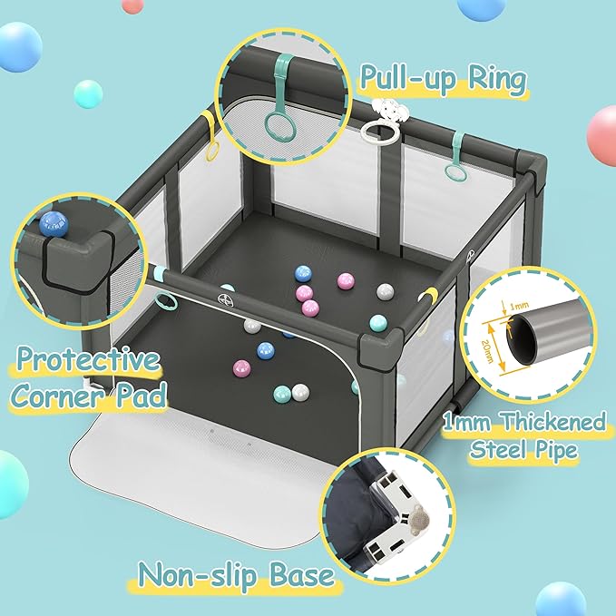 Foldable Playpen for Babies and Toddlers, 50" X 50" Large Collapsible Play Pen with Basket, 4 Handlers & 50 Ocean Balls, Portable Travel Play Yard with Carry Bag, No Installation, Grey