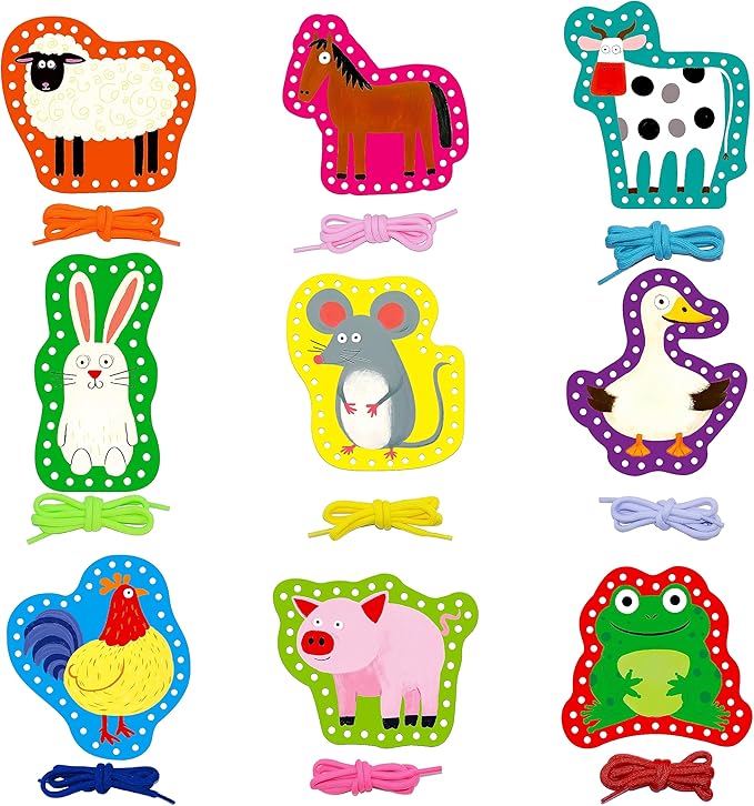 9 Pieces Kids Lacing Cards, Double Sided Sewing Cards in 9 Farm Themed Cards with 9 Colorful Laces, Imagination Development Lacing Toys Games for Children Educational and Learning Activity