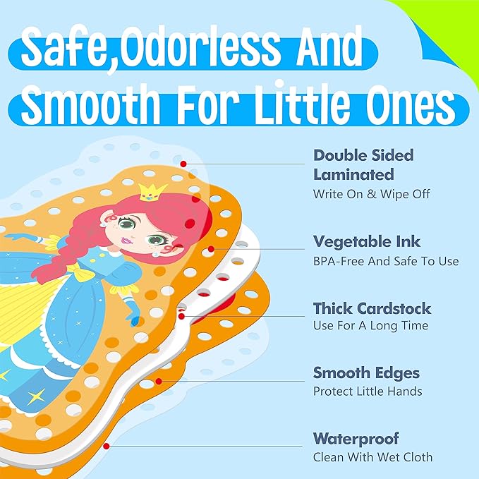 9 Pieces Kids Lacing Cards, Double Sided Sewing Cards in 9 Princess Theme Cards with 9 Colorful Laces, Imagination Development Lacing Toys Games for Children Educational and Learning Activity