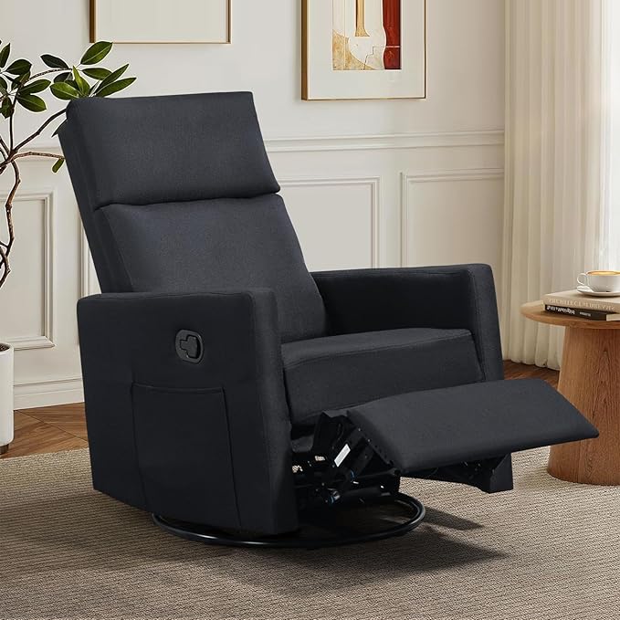 Swivel Rocker Recliner Chairs Set of 2, Upholstered Fabric Nursery Rocking Glider Chair with Adjustable Backrest and Footrest, Lay Flat Recliner Single Lazy Sofa for Living Room(Black)