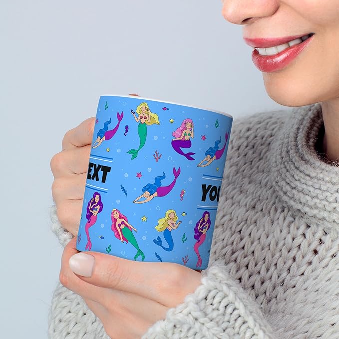 Personalized Mug for Kids - Mermaids - Custom Name/Text, Ceramic Hot Chocolate/Cocoa/Coffee Cup for Girls, Birthday/Christmas/Holiday Gift - 11 oz, Navy Blue Handle