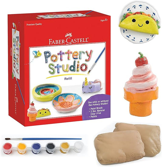 Faber-Castell Pottery Studio Refill Kit - 2 lbs. of Natural Air-Dry Pottery Clay, 6 Paint Pots and Paintbrush, Clay Making Kit for Kids
