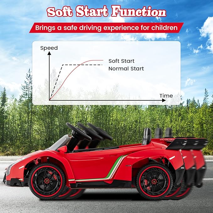 Costzon Ride on Car, Lamborghini Licensed 12V Battery Powered 4WD Sports Car with Remote Control, 3 Speeds, Hydraulic Doors, LED Lights, Towing Wheel, Horn, Music, Electric Vehicle for Kids Aged 3-8