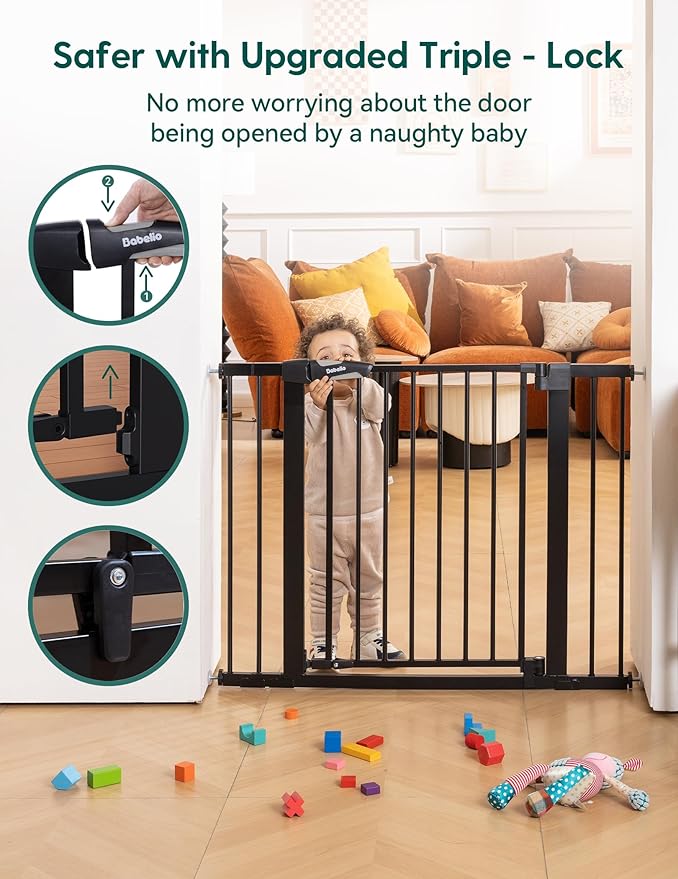 Babelio 29-43" Magnetic Baby Gate for Stairs,Doorways House,Kitchen,30" Tall Pet Barrier with Baffles,Pressure Mounted & Dual-Lock Design Safety for Kids Toddler,Auto-Close/Hold-Open,Black