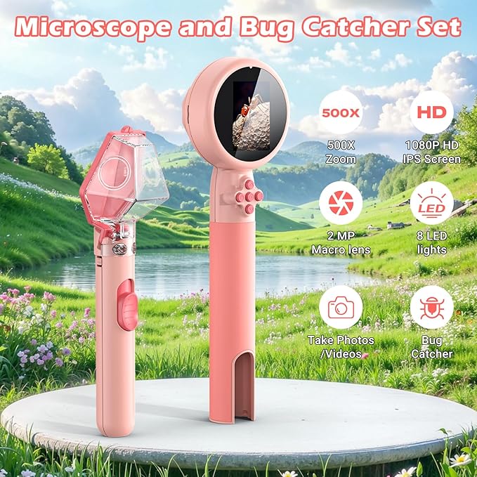 2 in 1 Kids Microscope with Bug Catcher,HD 500X Digital Microscope for Kids with 2" Screen,Photo and Video,STEM Educational Science Kit Learning Toys for Age 3-12 Girls & Boys Birthday Gifts (Pink)