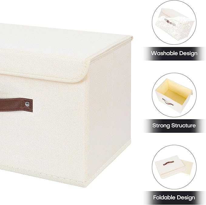 ANMINY 4PCS Storage Bins with Lid PU Leather Handles Storage Boxes PP Plastic Board Decorative Foldable Lidded Cotton Linen Fabric Home Cubes Baskets Closet Organizer Containers - Beige, Large Size