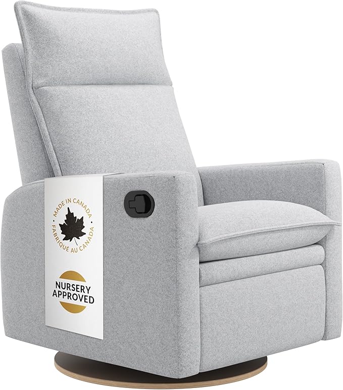Arya Modern Nursery Glider Recliner Chair – Cozy Nursing Chair with 360° Swivel for New Parents, Gentle Motion, Compact Design, High Back & Low Armrests, Canadian Made (Heather Grey/ARLO Fabric)