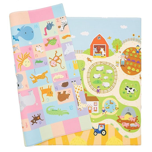 Baby Care Play Mat (Medium, Playful - Busy Farm) 73’’ x 49’’ Original One-Piece Reversible Rollable Waterproof Play Mat for Infants, Babies, Toddler, and Kids