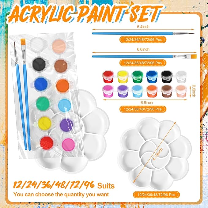 Fulmoon 96 Set Acrylic Paint Kits for Kids Adults Washable Mini Painting Kit Arts Crafts Party Favors Filled Strips Brushes Palettes Bulk for Classroom Home Kit Supplies (Vivid Color)