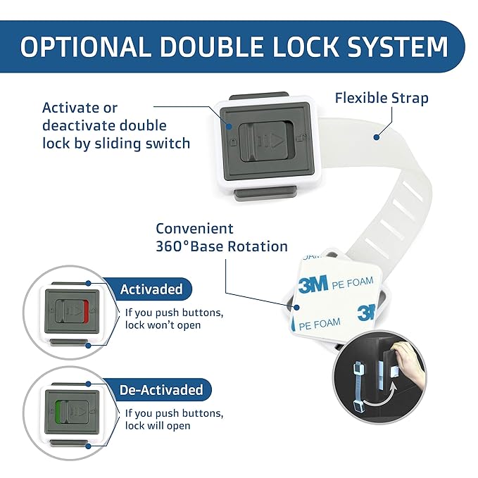 Child Safety Locks (4-Pack) - Baby Proof Cabinets, Drawers, Toilets & Appliances- Adjustable Strap Length, Double Lock Option - Easy Latch for Adults to Open
