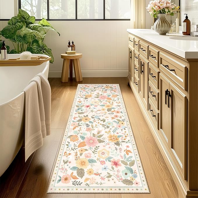 Floral 2x8 Area Rug Machine Washable Soft Print Boho Carpet Non Slip Doormat Low Pile Flower Area Rugs for Living Room Bedroom Nursery Kitchen Dining Room Indoor-Beige/White/Orange