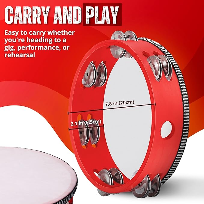 Flexzion Wood Handheld Tambourine Adults 8-Inch Double Row 8-Pair Jingles (Red) - Percussion Round Tamborines Musical Instrument with Metal Zills