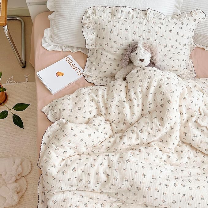 BuLuTu Cotton Muslin Kids Toddler Pillowcase with Cute Rose Flowers Super Soft Standard Nursery Pillowcase for Boys,Girls,Bedding Decor Machine Washable, Durable Pillowcase,1 Piece