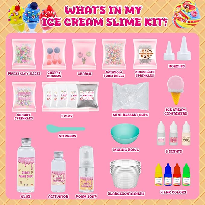 Funewest Slime Kit for Girls Ages 8-12 Mini Fluffy Butter Slime Making Kit Ice Cream Slime for Kids DIY Craft Kits with 30+ Piece Birthday Gifts
