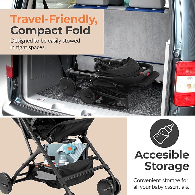 Jovial Lightweight Baby Stroller, Folding Travel Stroller with Reclining Seat, Canopy, 5-Point Safety Harness, Storage Basket, Smooth Wheels, Compact Portable Design (39.8" x 18.7" x 32.3")