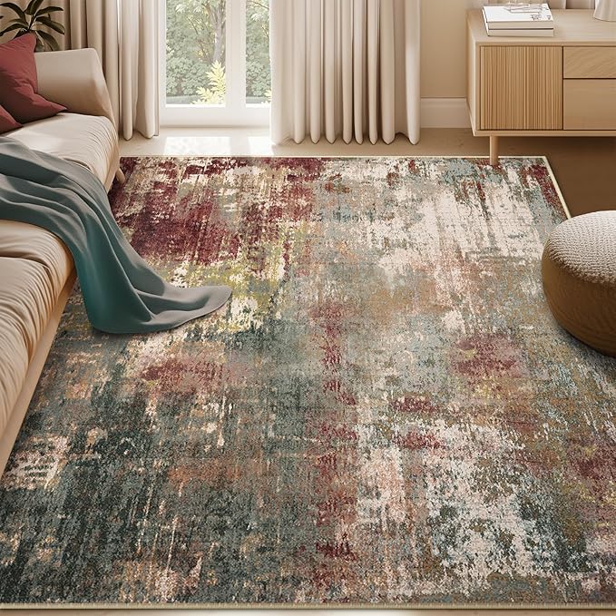 Washable Area Rugs 5'x7' Non-Slip Modern Abstract Soft for Living Room Entryway Bedroom Nursery, Print Pattern, Brown Rust Red Multi