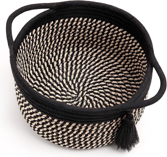 Decorative Small Gift Basket Empty – SweetMemo Cute Woven Rope Organizer Baskets for Desk, Bedside, Bathroom, Key, Round Boho Decor Cotton Bin with tassel, Gift Bag, Ribbon – Rustic Black Brown
