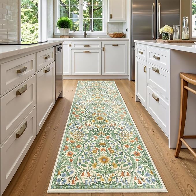 2x6 Washable Runner Rug,Grass Green Floral Boho Area Rug for Hallway,Low-Pile Non-Slip Stain Resistant Carpet for Kitchen, Bedside,Laundry Room,Entryway