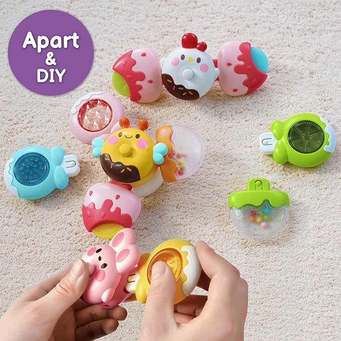 LiKee Strong Suction Cup Fidget Rotating Sensory Bath Toys for Baby 12 18 Months Airplane Car Travel Table & Window Toys for 1 2 Years Old Toddler Boys and Girls (Candy)