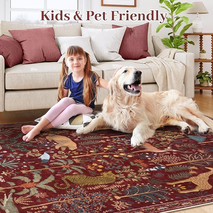 OJIA Jungle Print Washable Area Rugs 5x7, Soft Rugs for Living Room Ultra-Thin Non-Shedding Modern Bedroom Rug, Stain Resistant Throw Rug Large Carpet for Kids Nursery Dining Room, Red