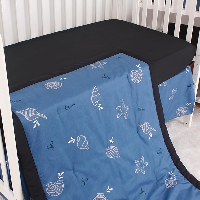 CaSaJa Baby 3-Piece Crib Bedding Set for Boys Girls, Including Soft Quilted Comforter(Blanket), Fitted Crib Sheet and Skirt, Soft Nursery Bedding Set Made of Silky Comfy Materials, Sea Conch