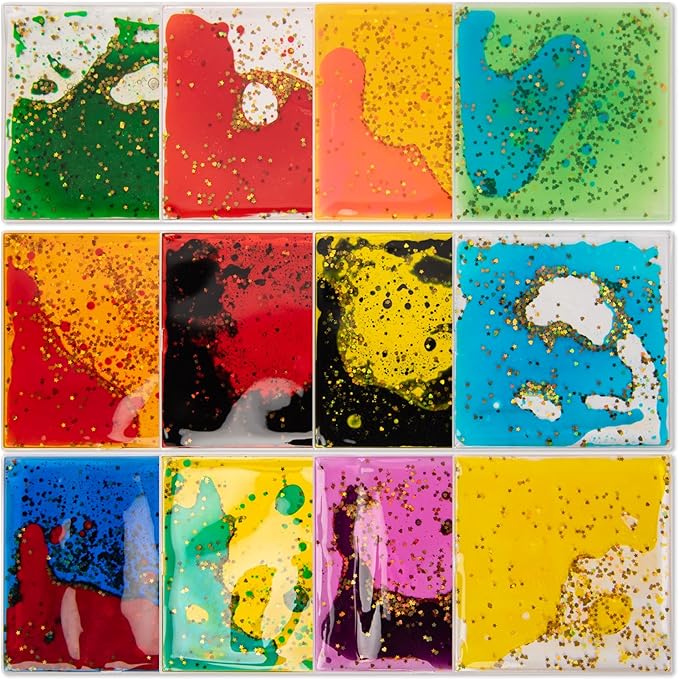 Art3d 6”x6” Square Sensory Fidget Liquid Motion Tiles for Kids, Toddler, Teens - Interactive Soft Gel Liquid Play Mats for Home, Schools, Playrooms, Multi-Pack of 12 Tiles