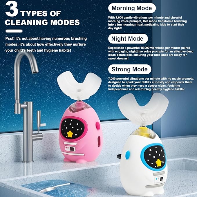 Kids U Shaped Electric Toothbrush with Music, 3 Modes, Voice Teaching, Mouthpiece Cleaning, Soft Bristle, Type-C Charging, Ages 3-12 Boys & Girls (Power Pink)