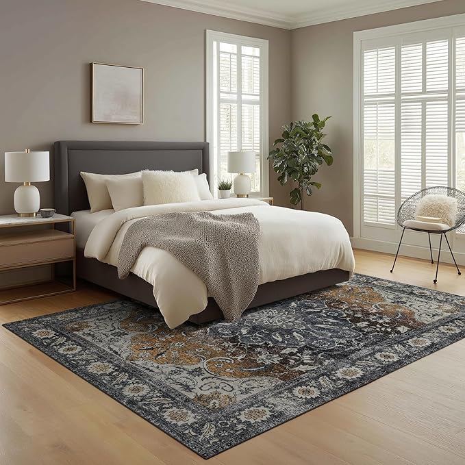 4x6 Washable Area Rug for Living Room, Carpet for Bedroom, Soft Faux Wool Retro Dining Room Rug, Non Slip&Non-Shedding Resistant Low Pile Vintage Print Rug for Home Office (Tan/Gray)