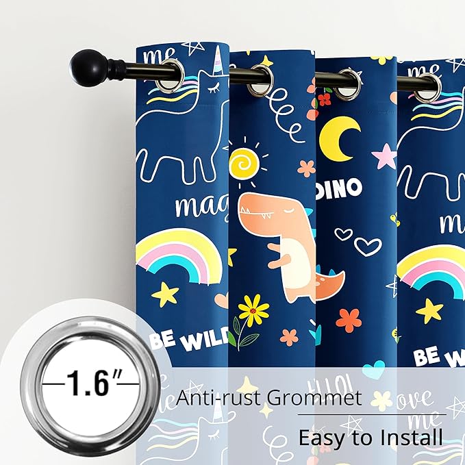 100% Blackout Curtains for Kids - Adorable Dinosaur & Unicorn Pattern, 2Panels, Each W52xL84, Thermal Insulated Noise-Reducing Drapes for Nursery, Bedroom, Playroom - Fun & Colorful Design