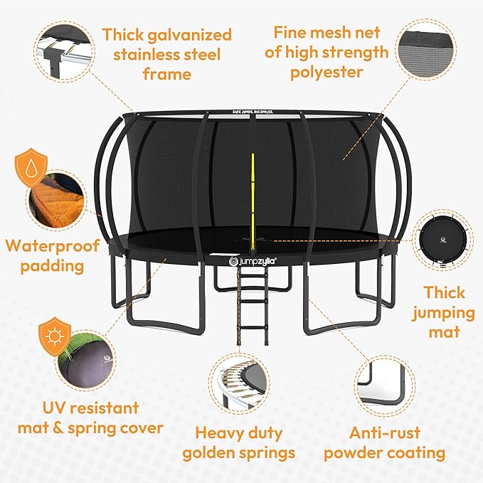 JUMPZYLLA Trampoline Outdoor 8FT 10FT 12FT 14FT 15FT 16FT with Enclosure and Ladder, ASTM Approved Recreational Trampoline for Kids and Adults, Anti-Rust Coated Frame