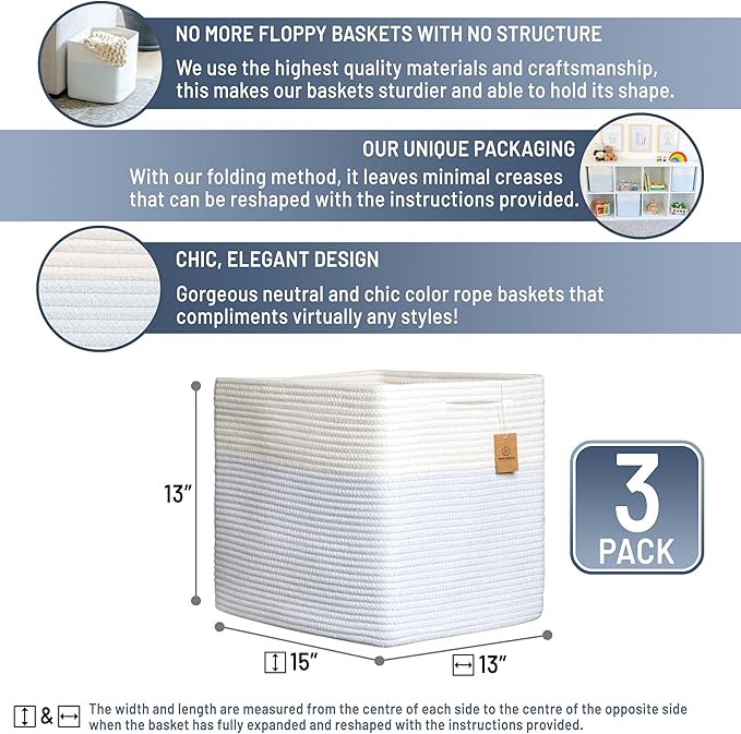 NaturalCozy 13x15x13 Kallax Storage Cubes Bins, 3 Pack | Cotton Rope Cube Storage Bin Woven Baskets for Organizing | Kallax Insert Storage Baskets for Shelves Organizer, Kids Toy, Closet Baby Nursery