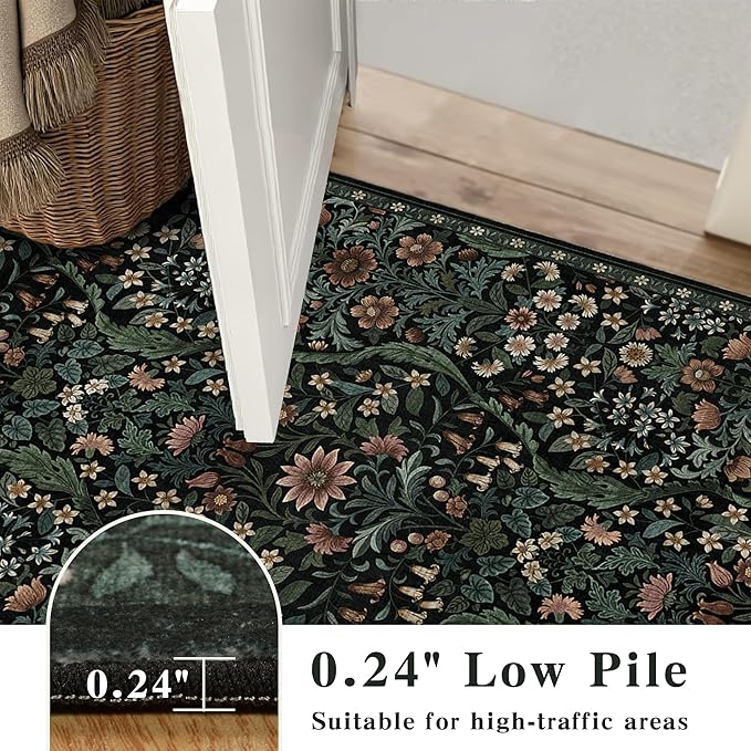 Floral 2x3 Entryway Rug,Washable Front Door Mat Indoor Non Slip Low Pile Small Carpet, Soft Black Boho Botanical Throw Rug for Bathroom Bedroom Kitchen Laundry Indoor Entrance