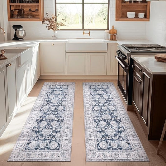 jinchan Runner Rug 3x8-2pcs Kitchen Washable Vintage Hallway Rug Floral Print Floor Cover Indoor Thin Retro Mat Accent for Bathroom Laundry Room Bedroom Office Farmhouse (Double,Dark Blue)