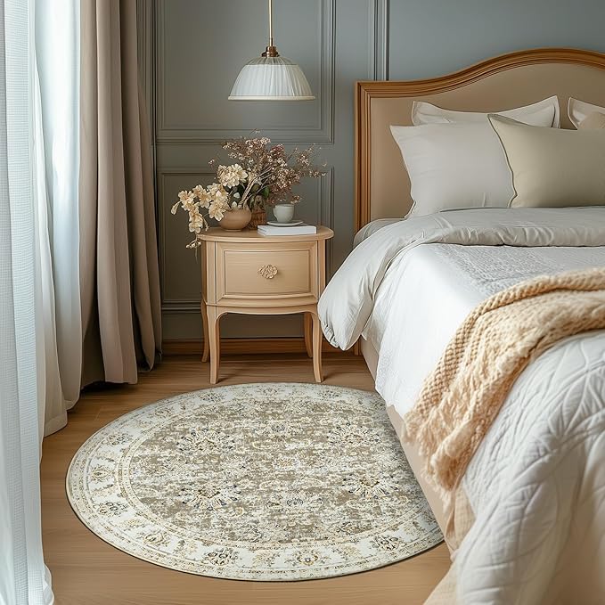 jinchan Round Rug 4ft Area Rugs Vintage Floral Distressed Design - Machine Washable Non-Slip Low-Pile Ultra-Thin Circle Rug for Entryway Bedside Living Room Dining Room Bedroom (4' Round,Taupe)
