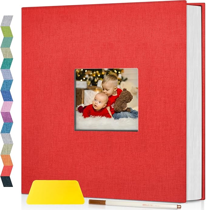 popotop Photo Album Self Adhesive with Picture Display Window,40 Pages DIY Scrapbooking Supplies Kit for 4x6 8x10 Picture,Linen Cover Memory Book for Baby Wedding, with Scraper and Metallic Pen